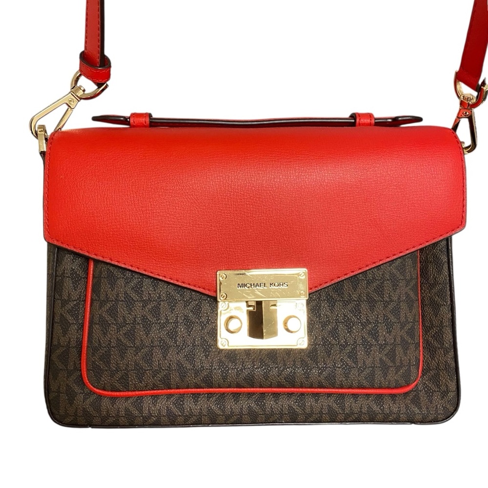 Michael Kors Red and Brown Crossbody Bag with Monogram Design